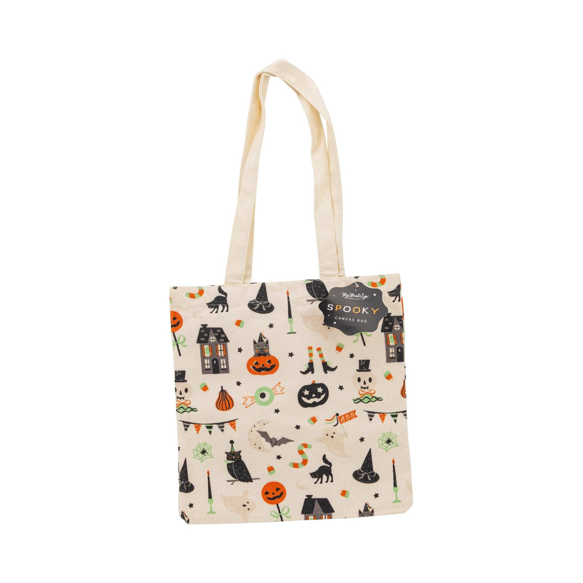 Tote bag with Halloween-themed design on a white background