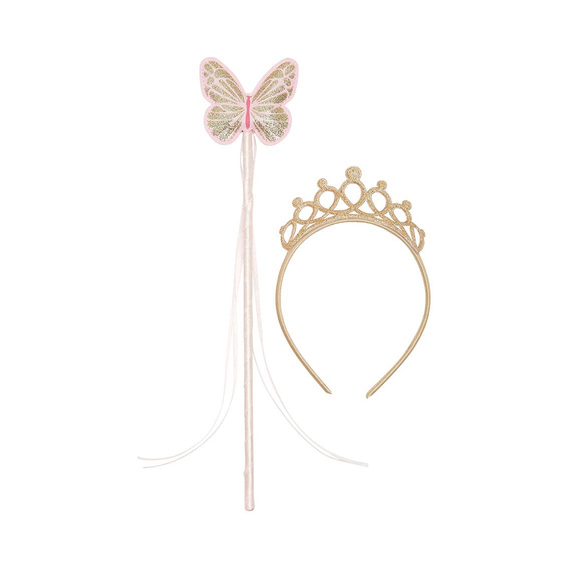 Butterfly wand and gold tiara on a white background