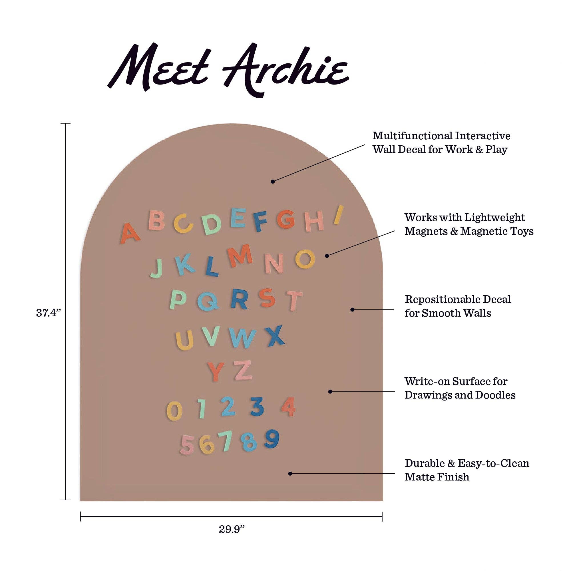 Multifunctional interactive wall decal for work and play with letter and number design, labeled 'Meet Archie'.