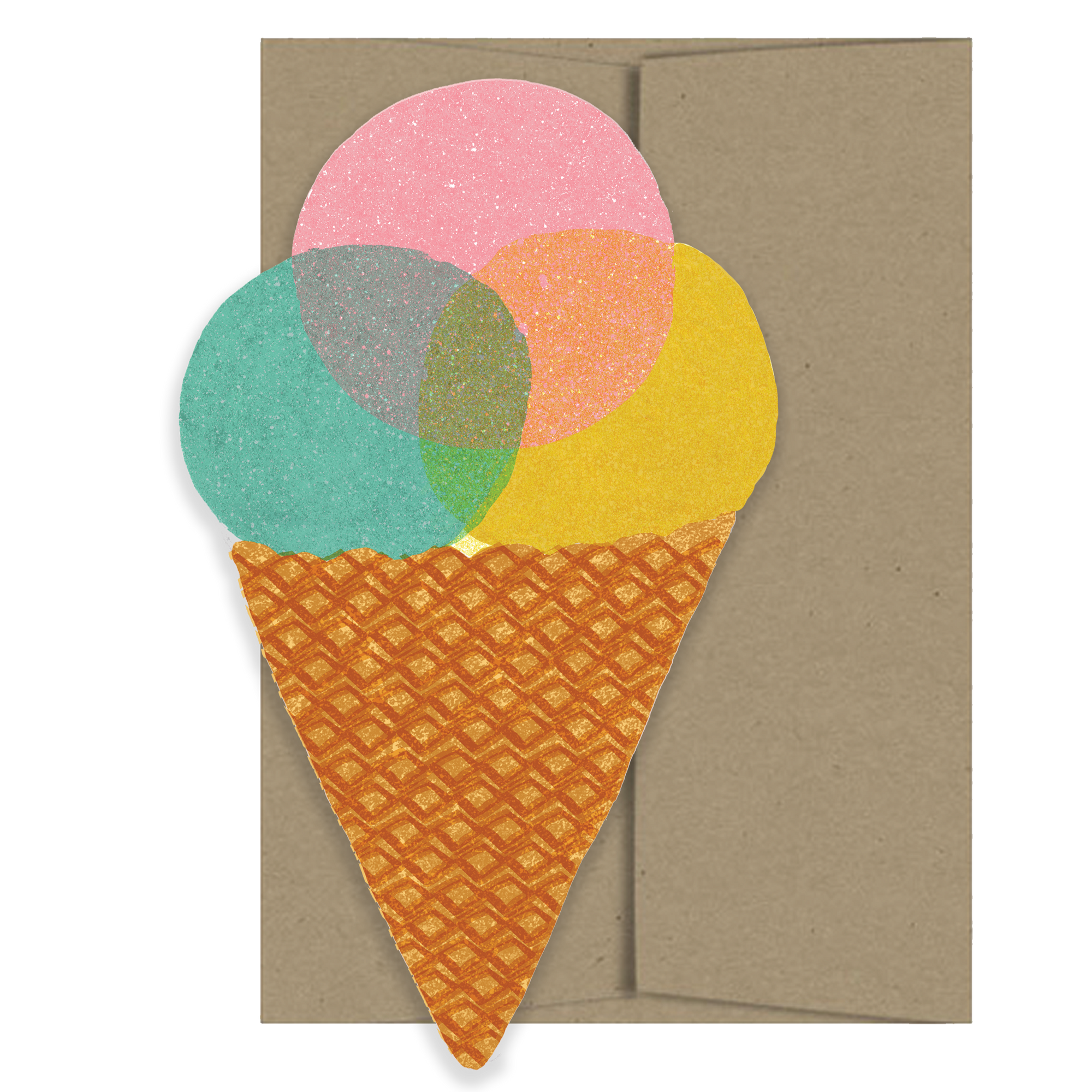 Card with a colorful ice cream cone design on a brown envelope