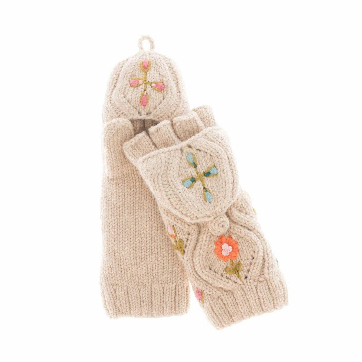 A pair of cream-colored cable-knit fingerless mittens with colorful floral embroidery, shown against a plain white background.