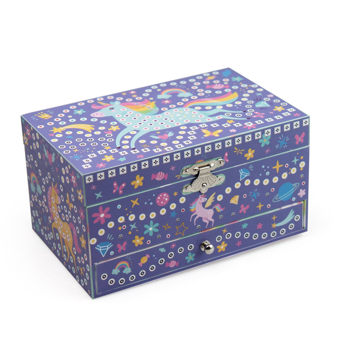 Colorful jewelry box with unicorn and rainbow designs on a white background