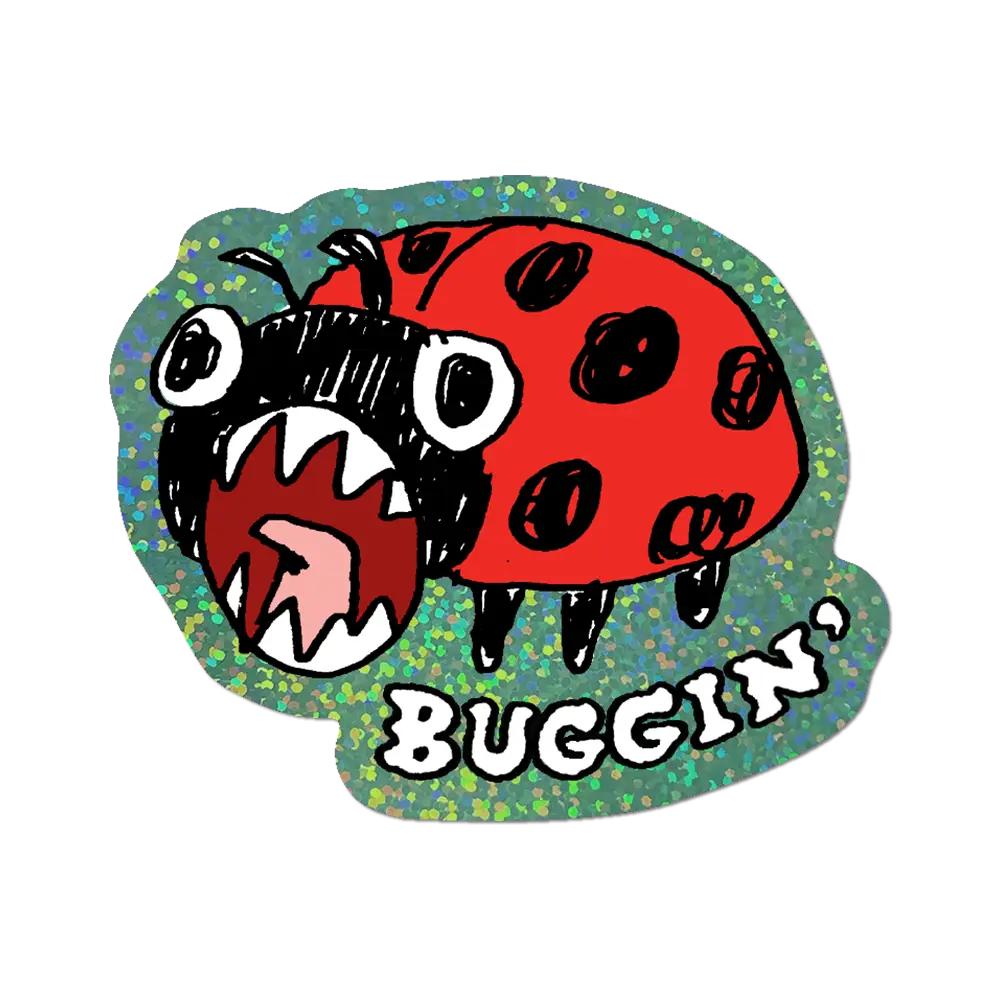 Cartoon ladybug with a grumpy expression and 'Buggin'' text on a white background