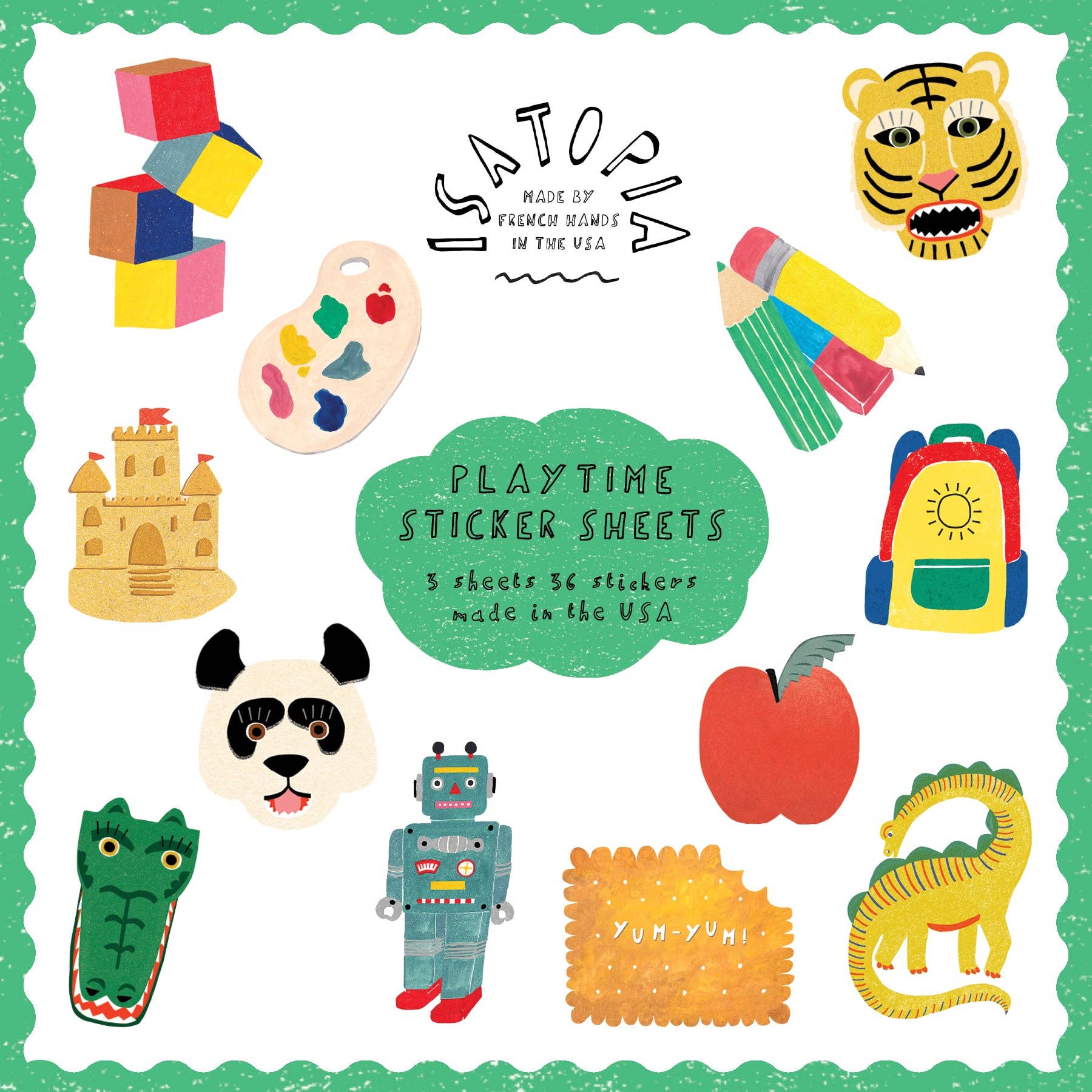 Playtime sticker sheets packaging with colorful illustrations on a green border