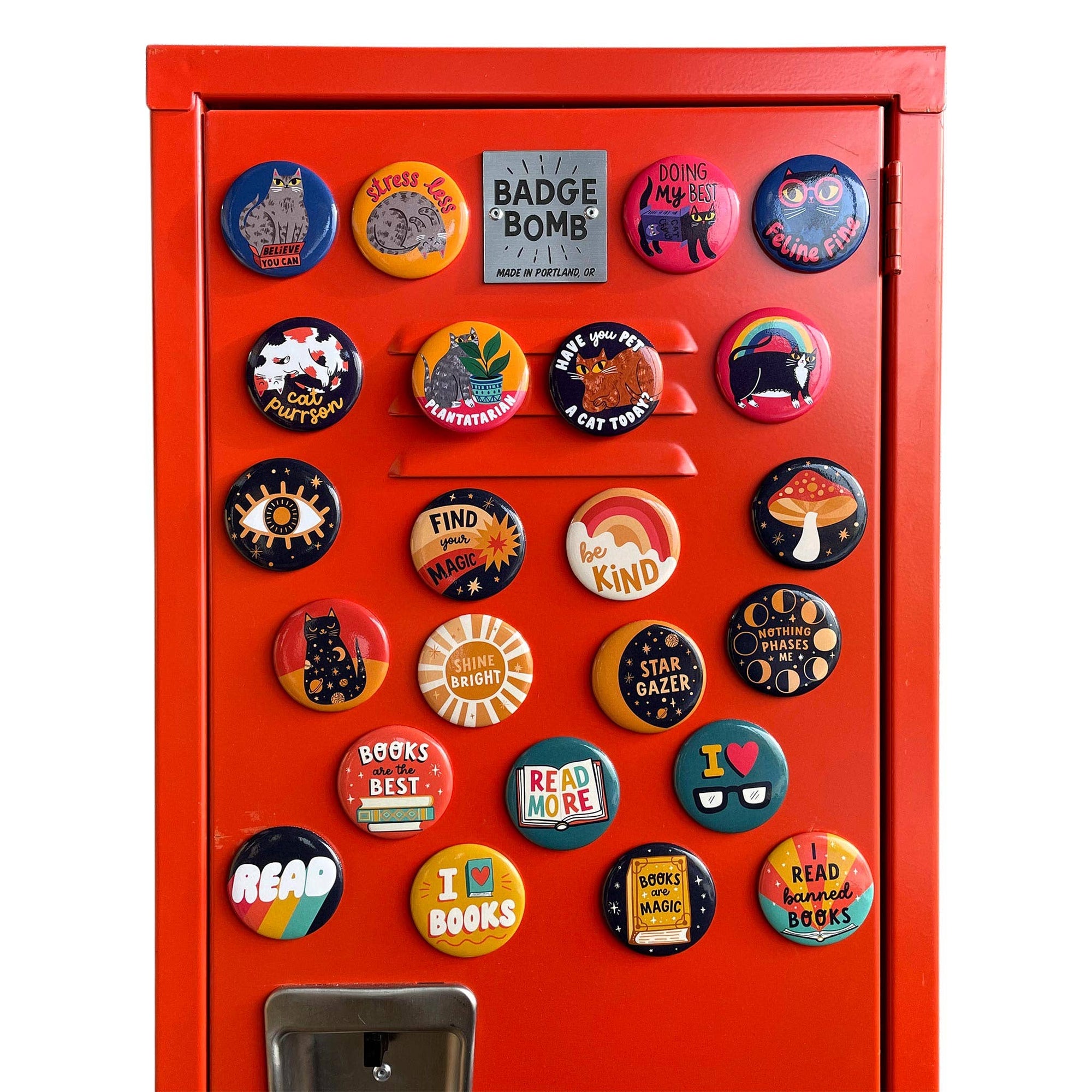 Collection of colorful buttons on a red vending machine.