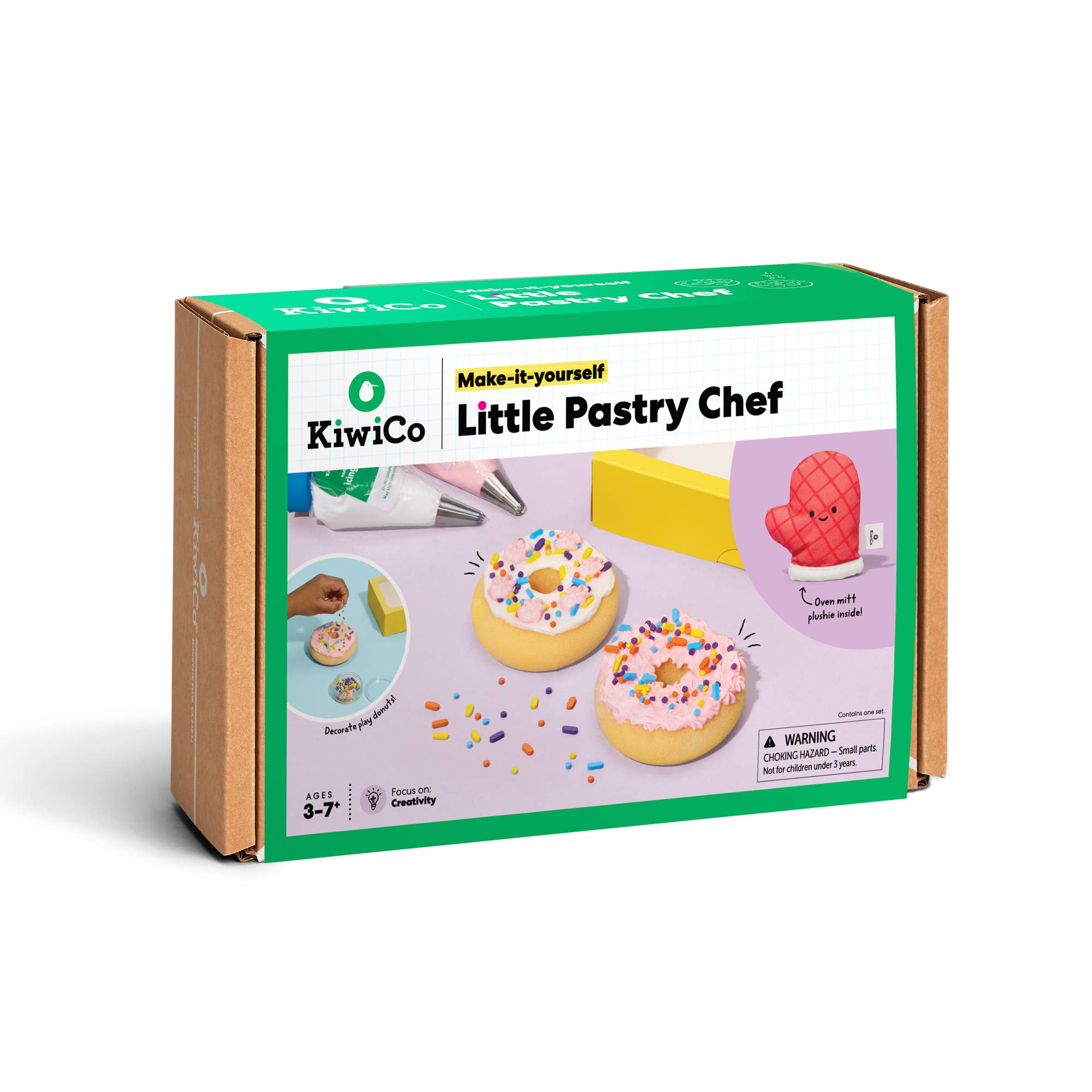 KiwiCo Little Pastry Chef craft kit in its original green and white cardboard packaging, displayed on a clean white background.