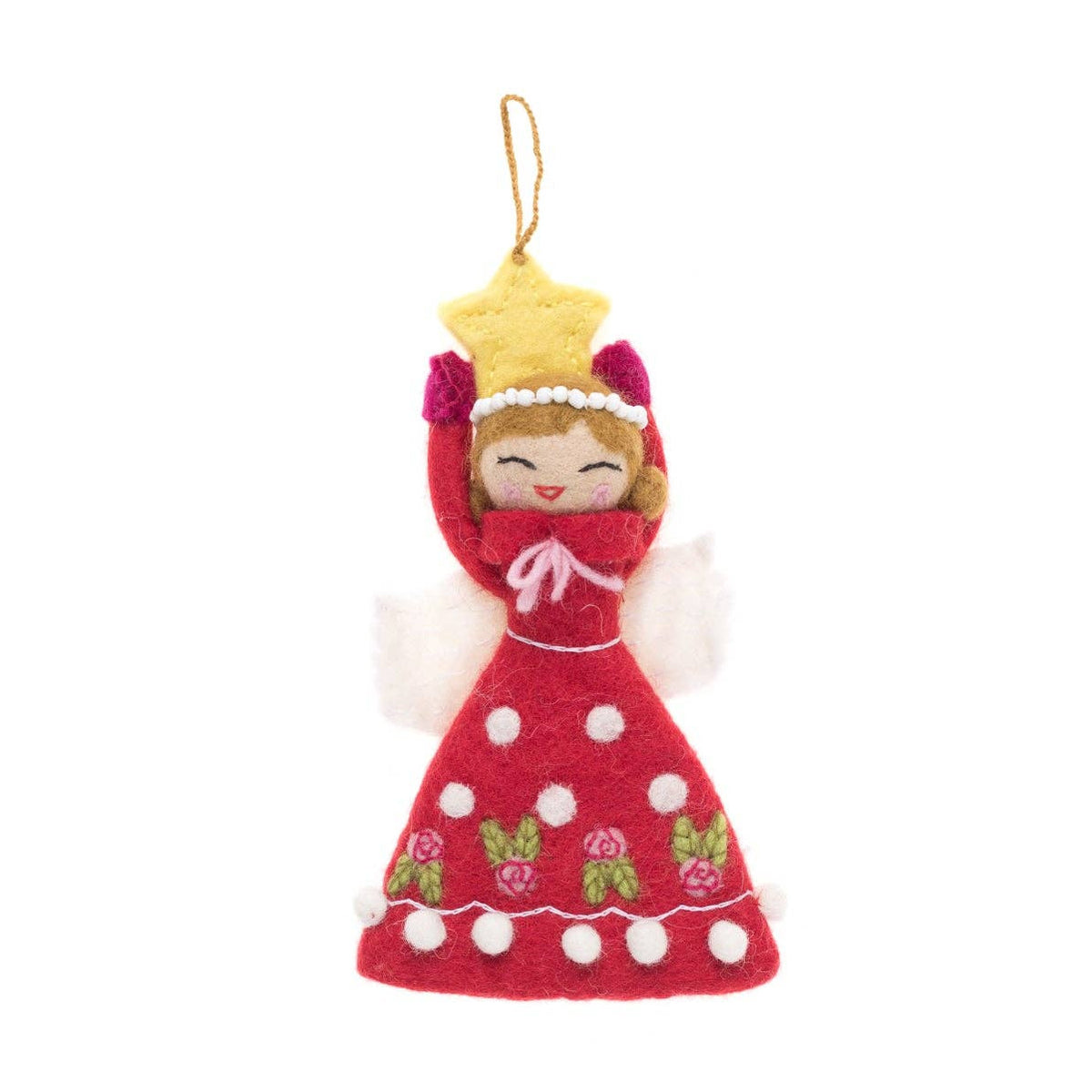 Decorative angel ornament with red dress and gold star on a white background