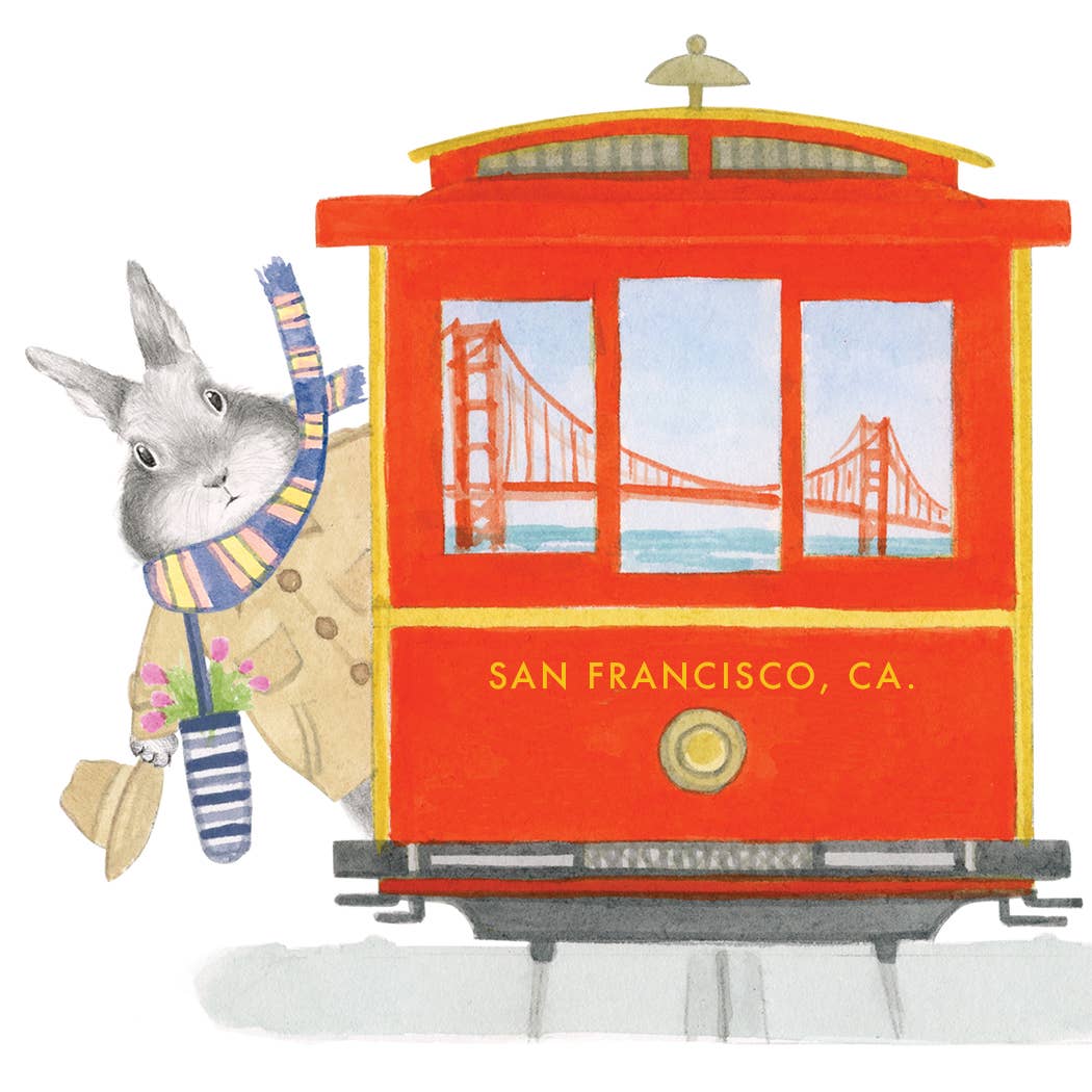 Illustration of a red cable car with a rabbit character and the Golden Gate Bridge in San Francisco, CA.