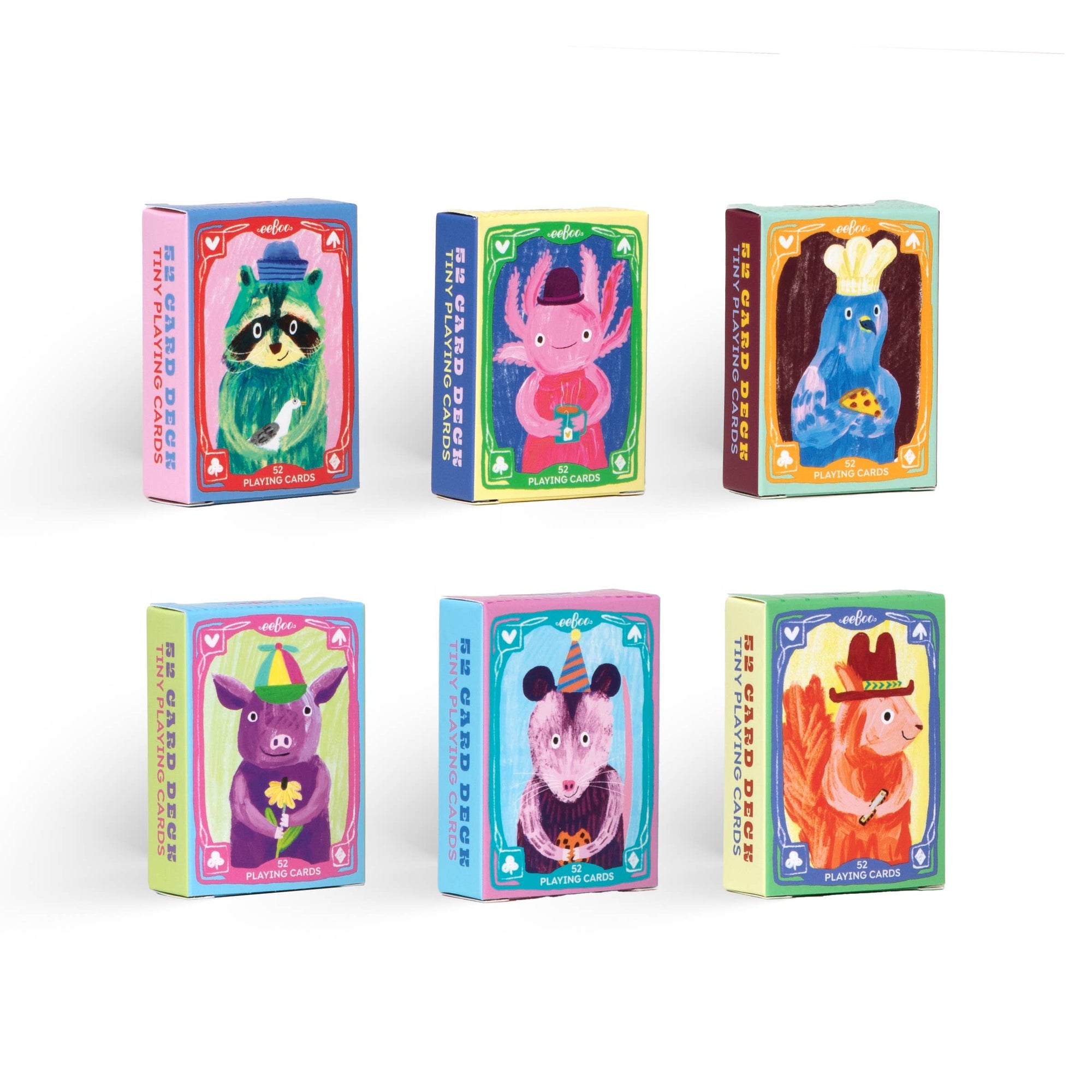 Set of six colorful card boxes with animal illustrations on a white background