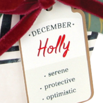 Tag with 'December Holly' text and decorative elements on a striped background