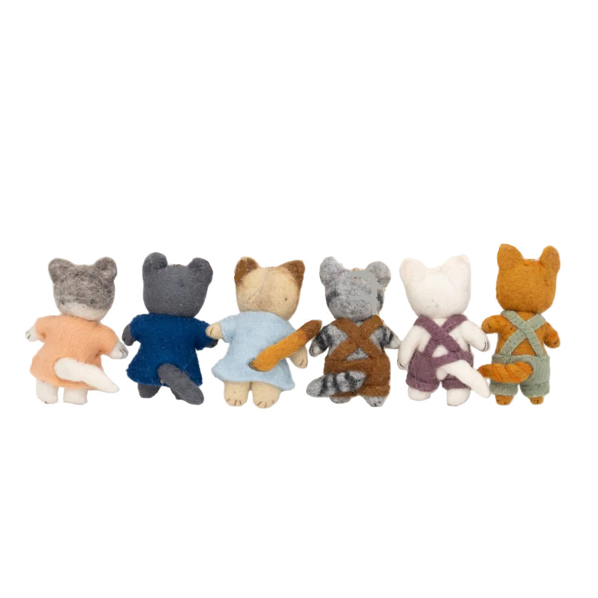 Set of small animal plush toys in various colors on a white background