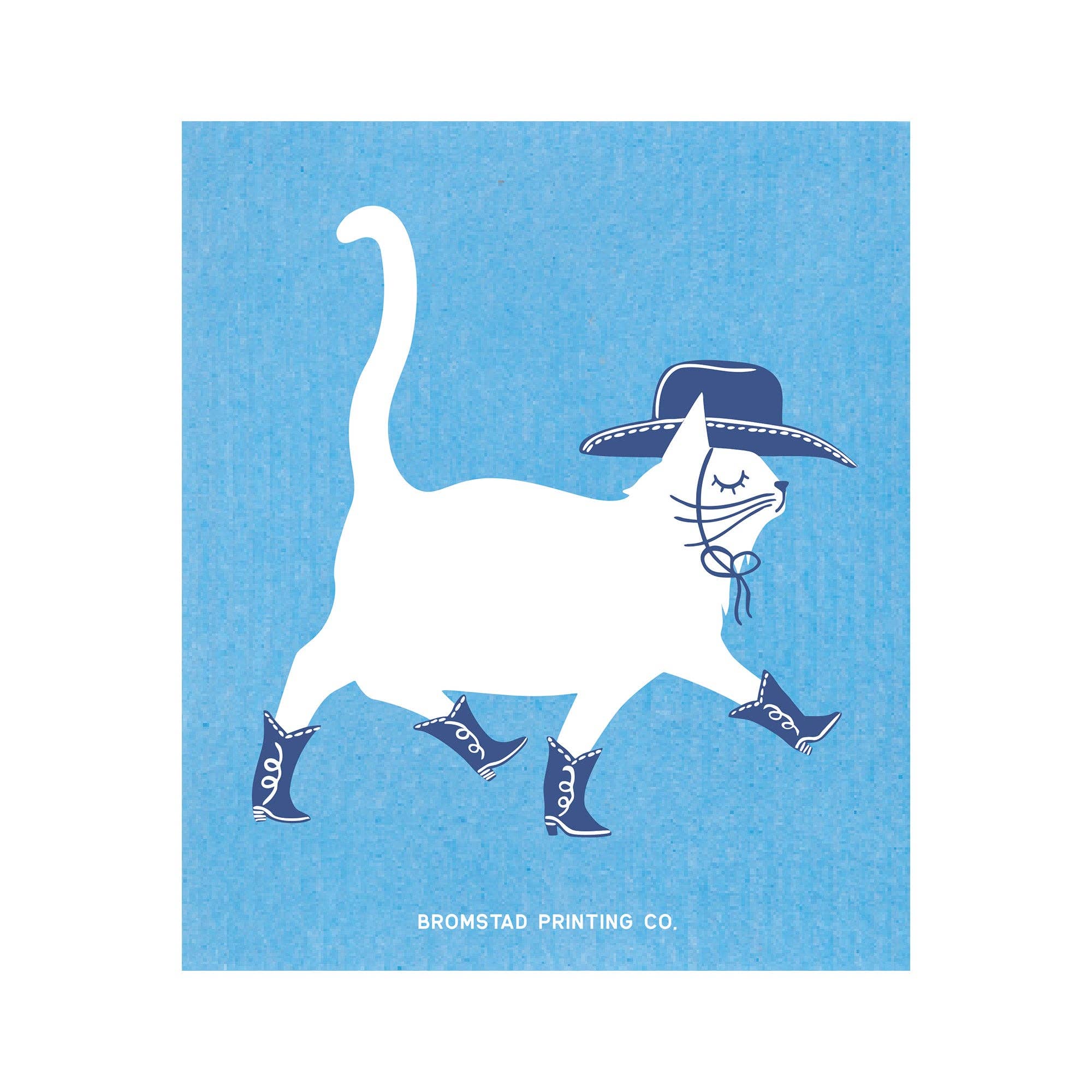 White cat illustration with a hat and boots on a blue background, featuring 'Bromstad Printing Co.'