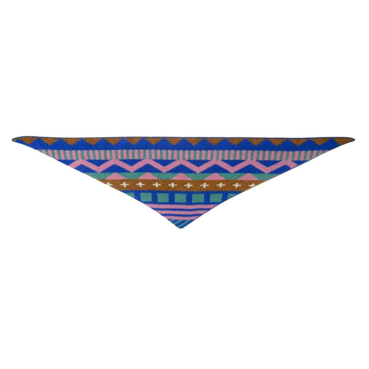 A triangular bandana featuring a vibrant multicolor geometric pattern with stripes, chevrons, and stars in blue, pink, purple, green, and brown, displayed on a solid white background.