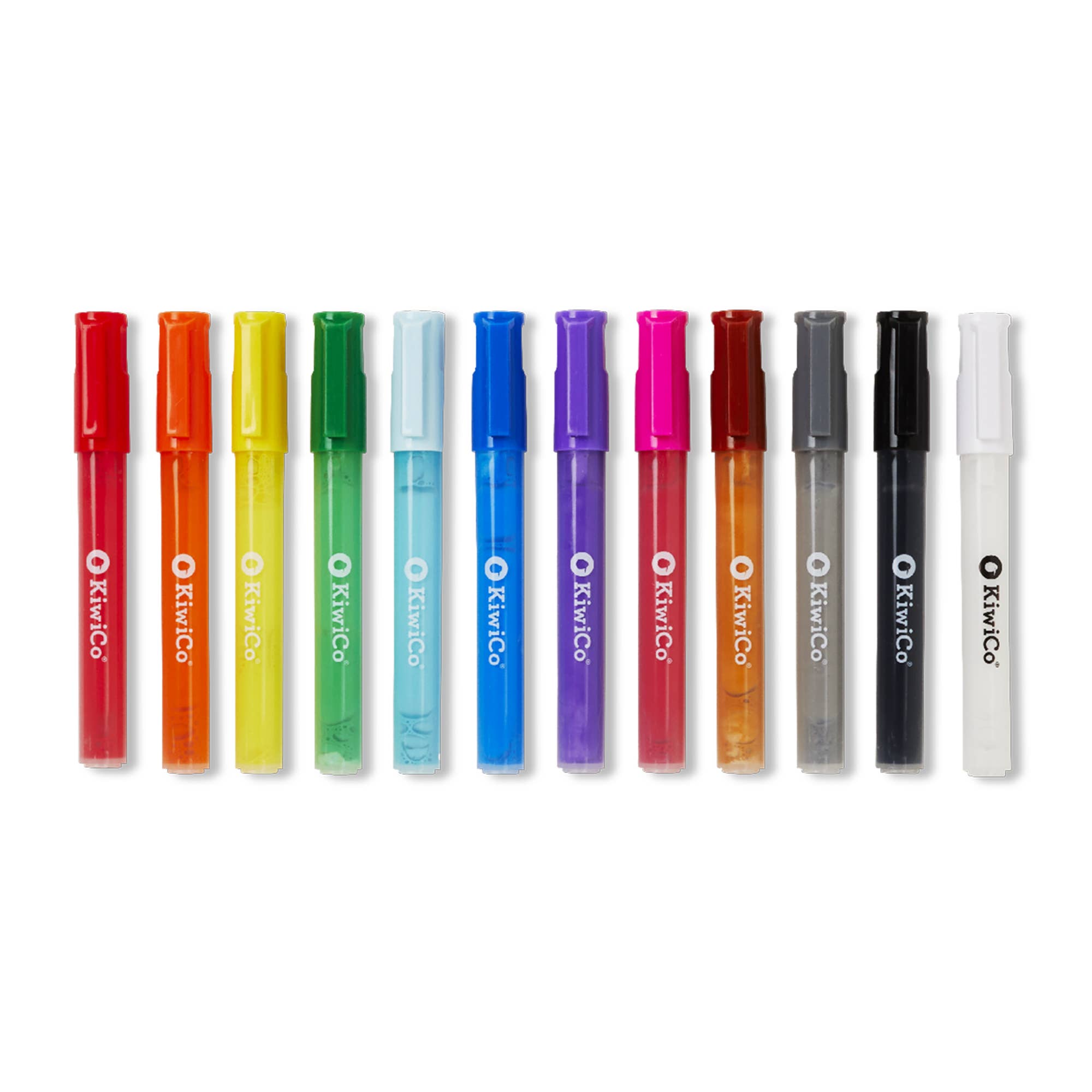 A set of twelve Kvitco acrylic paint markers in various colors, arranged in a row against a plain white background.