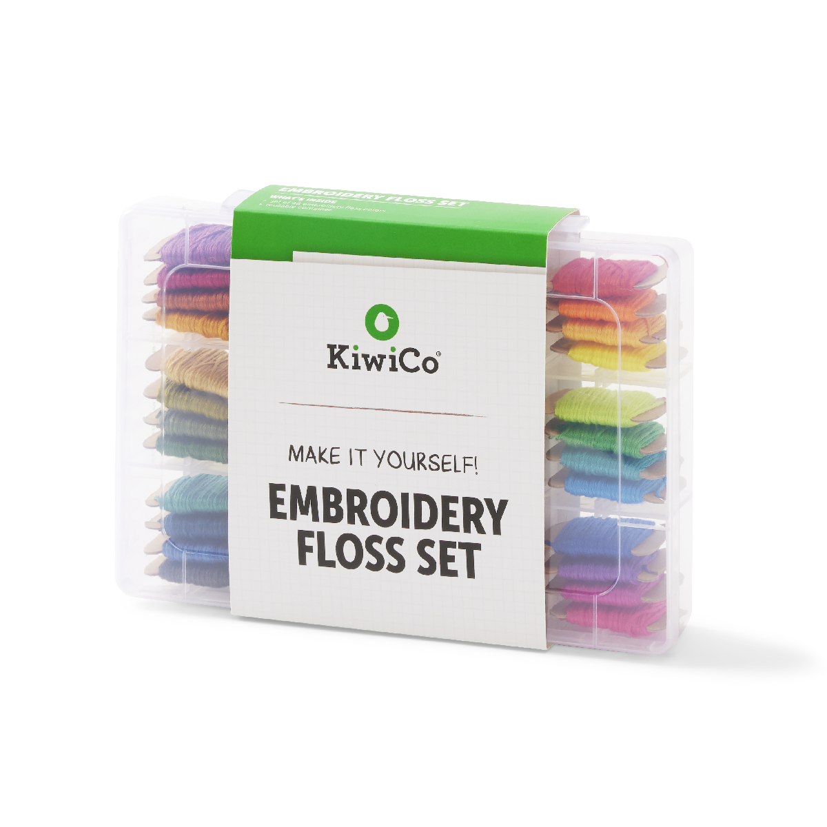 KiwiCo Embroidery Floss Set in a clear plastic case with a white and green paper sleeve label, showing rows of colorful floss threads inside.