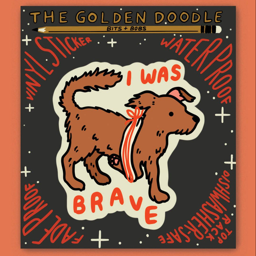 Sticker with a dog illustration and text on an orange background