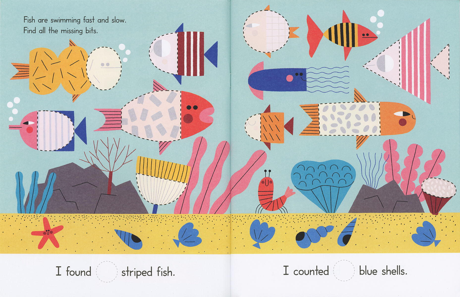 Illustrated book page with fish and underwater elements on a blue background