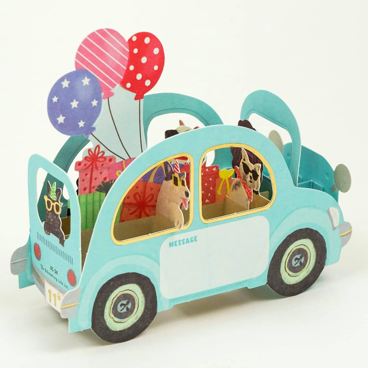Toy car with balloons and gift boxes on a white background