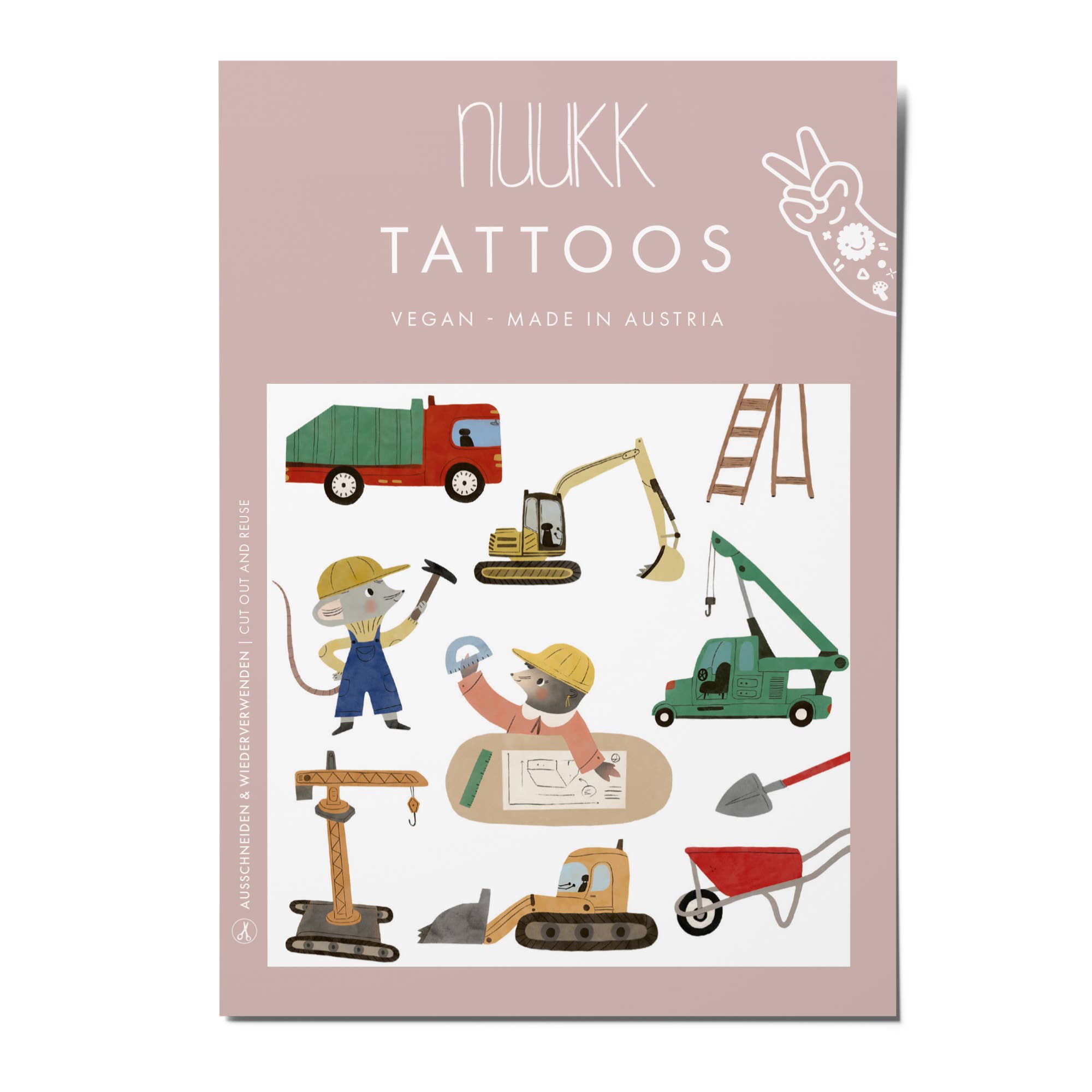 NUUK Tattoos packaging with illustrations of construction vehicles and workers on a beige background