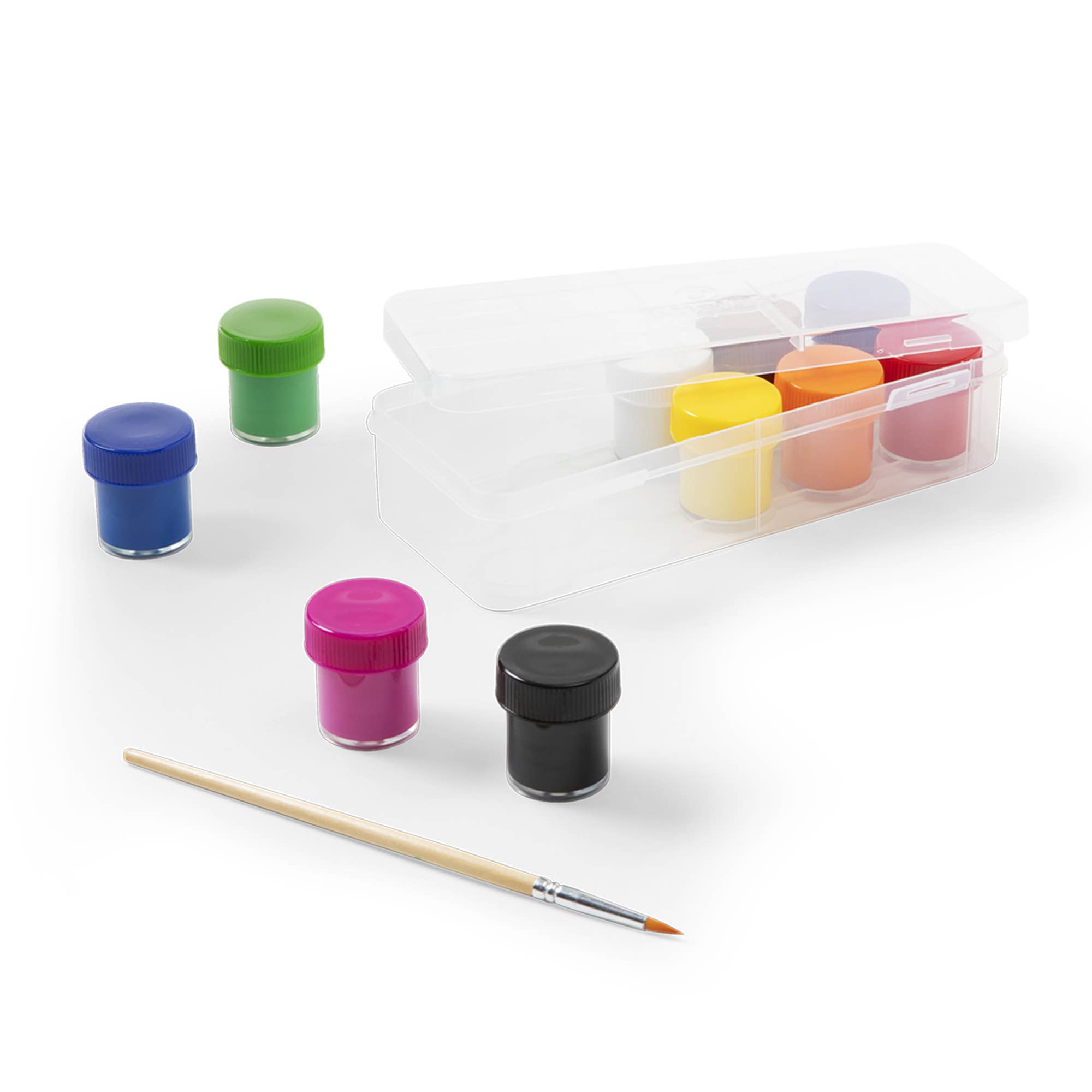 A small paint palette set with multiple color wells in a clear plastic case, several small paint pots in blue, green, pink, black, yellow, orange, and red, and a wooden-handled paintbrush on a white background.