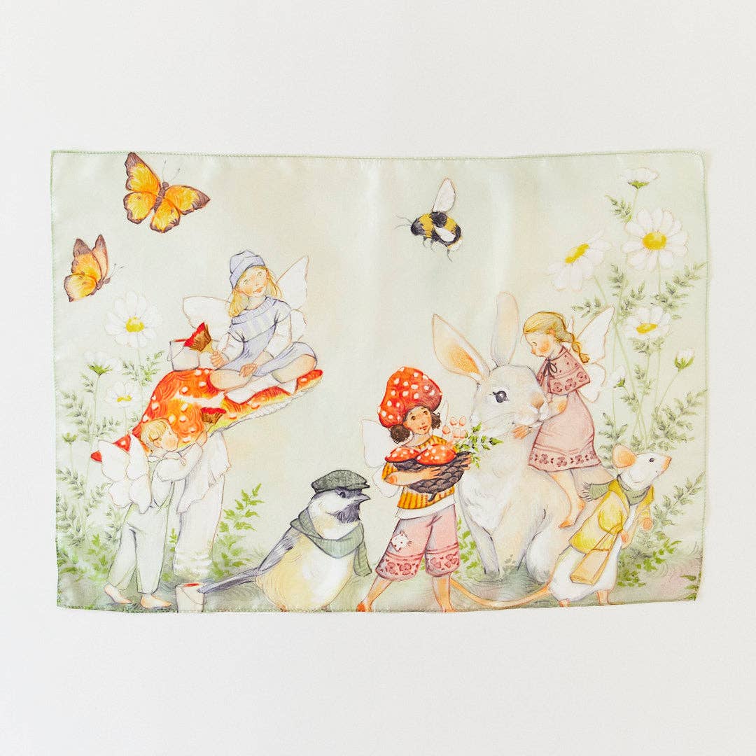 Illustration of fairies and animals in a garden setting with butterflies and flowers.