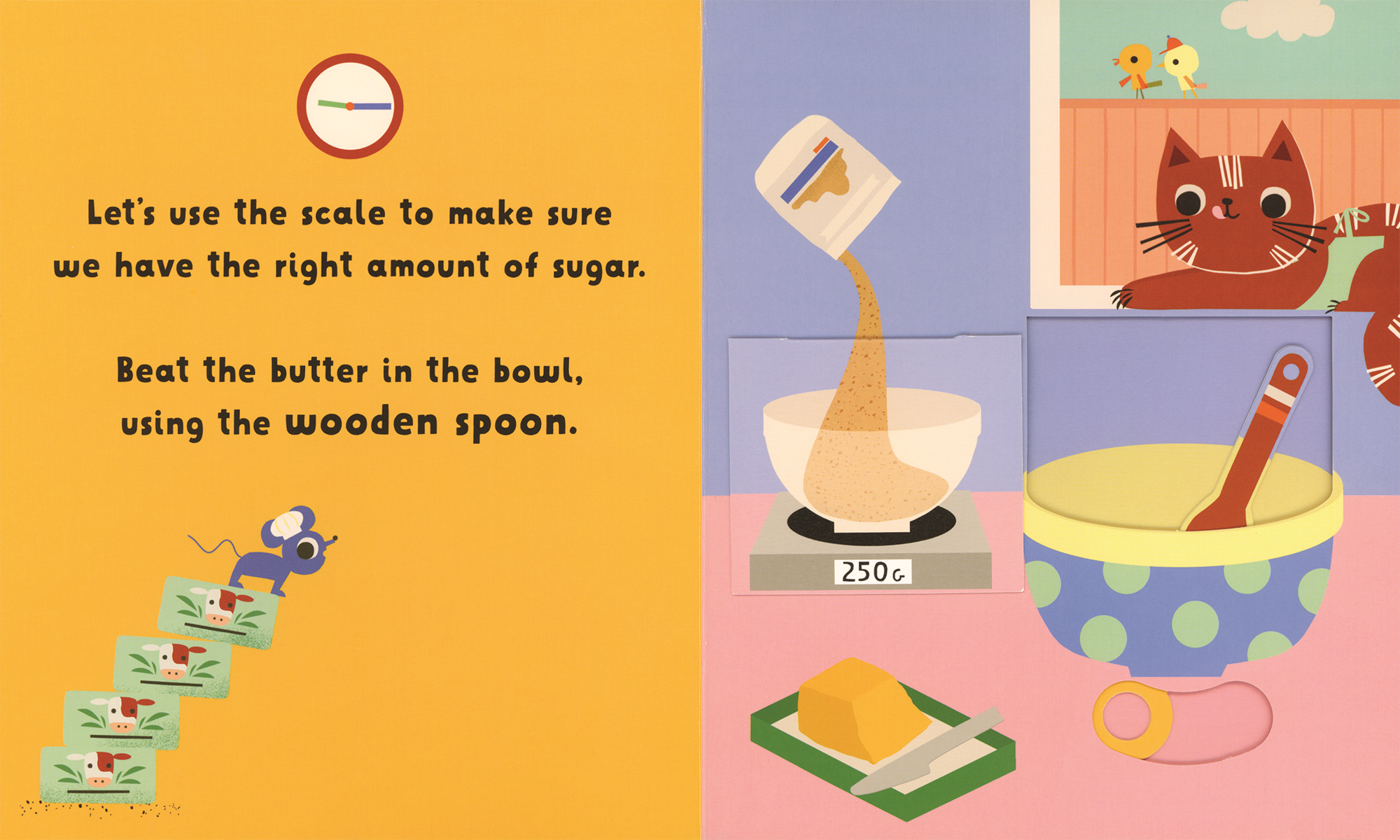 Illustration from a children's book showing a kitchen scene with a scale, bowl, and cat.