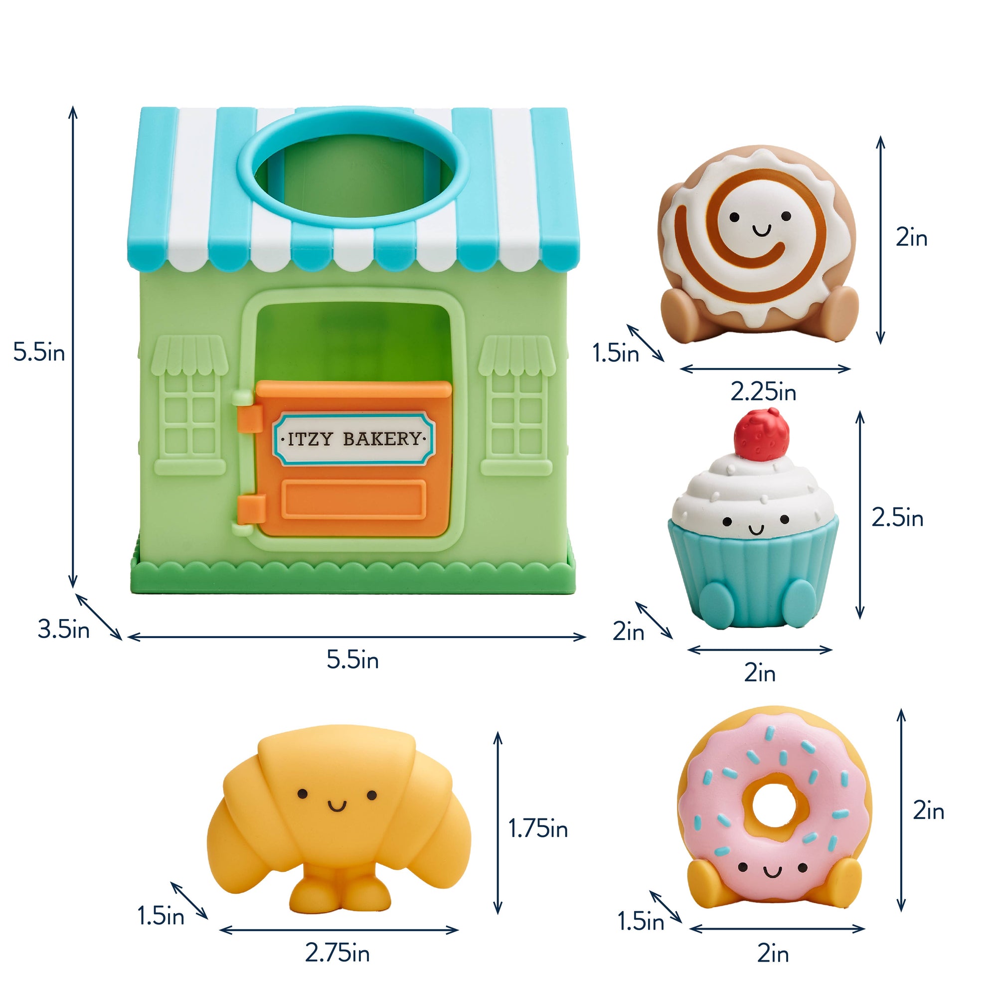 Toy bakery set with miniature buildings and food items, including dimensions.
