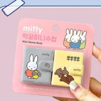 Miffy-themed mini memo book packaging with cartoon characters on a pink background