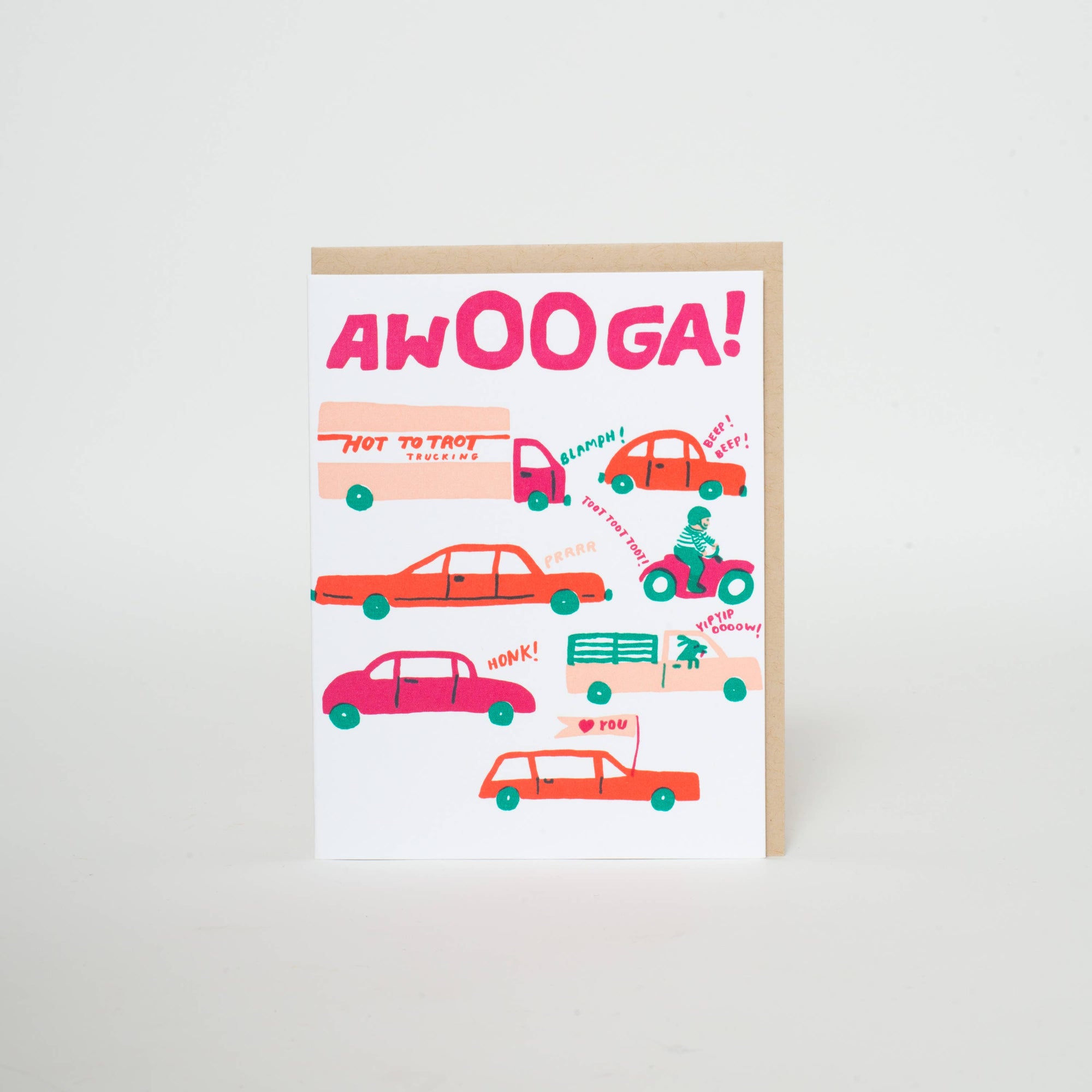Colorful greeting card with cartoon cars and text on a white background