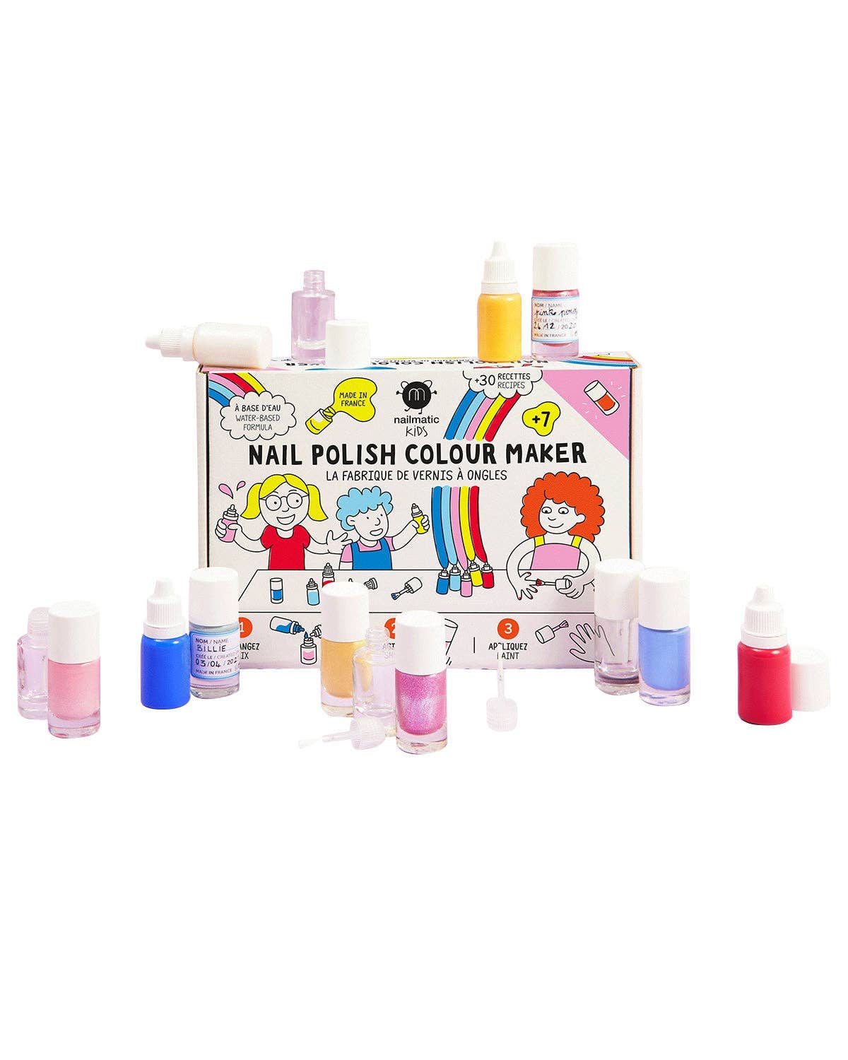 Nail polish color maker set with bottles and packaging on a white background