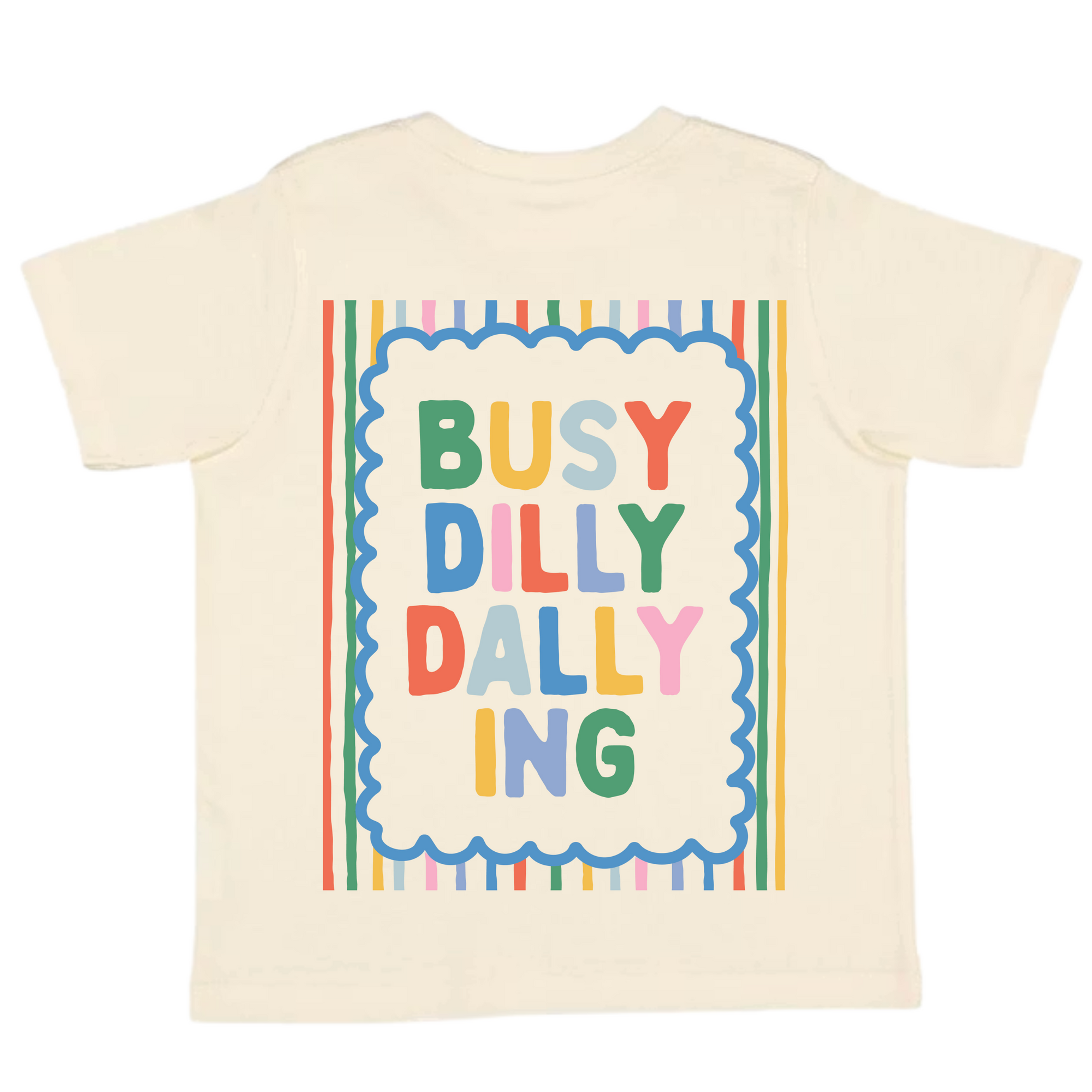 Beige t-shirt with colorful text design on a white background