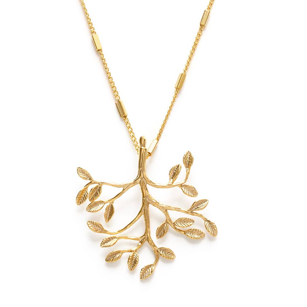 Gold branch-shaped pendant necklace on a white background