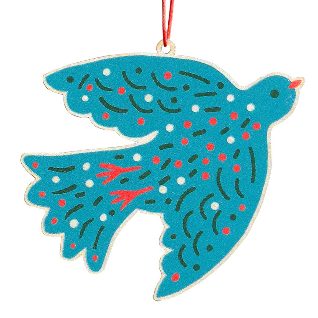 Decorative ornament shaped like a bird with blue body, red and blue patterns on a white background