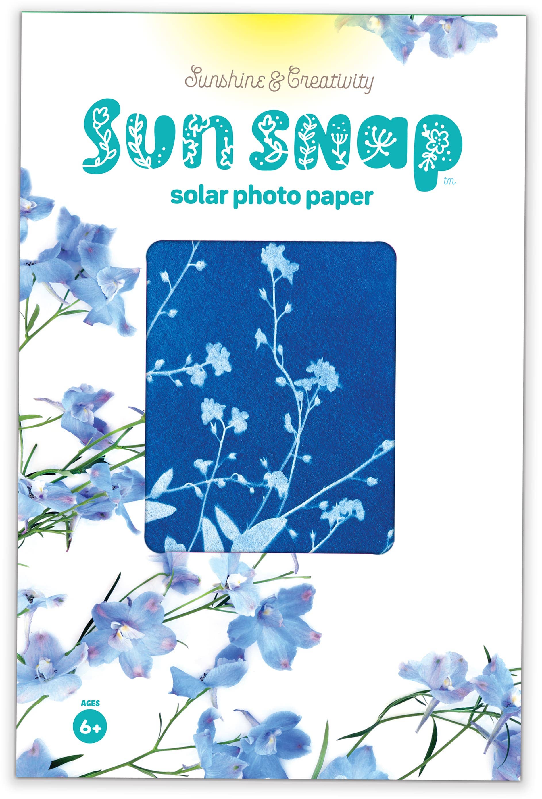Solar photo paper packaging with blue floral design on a white background