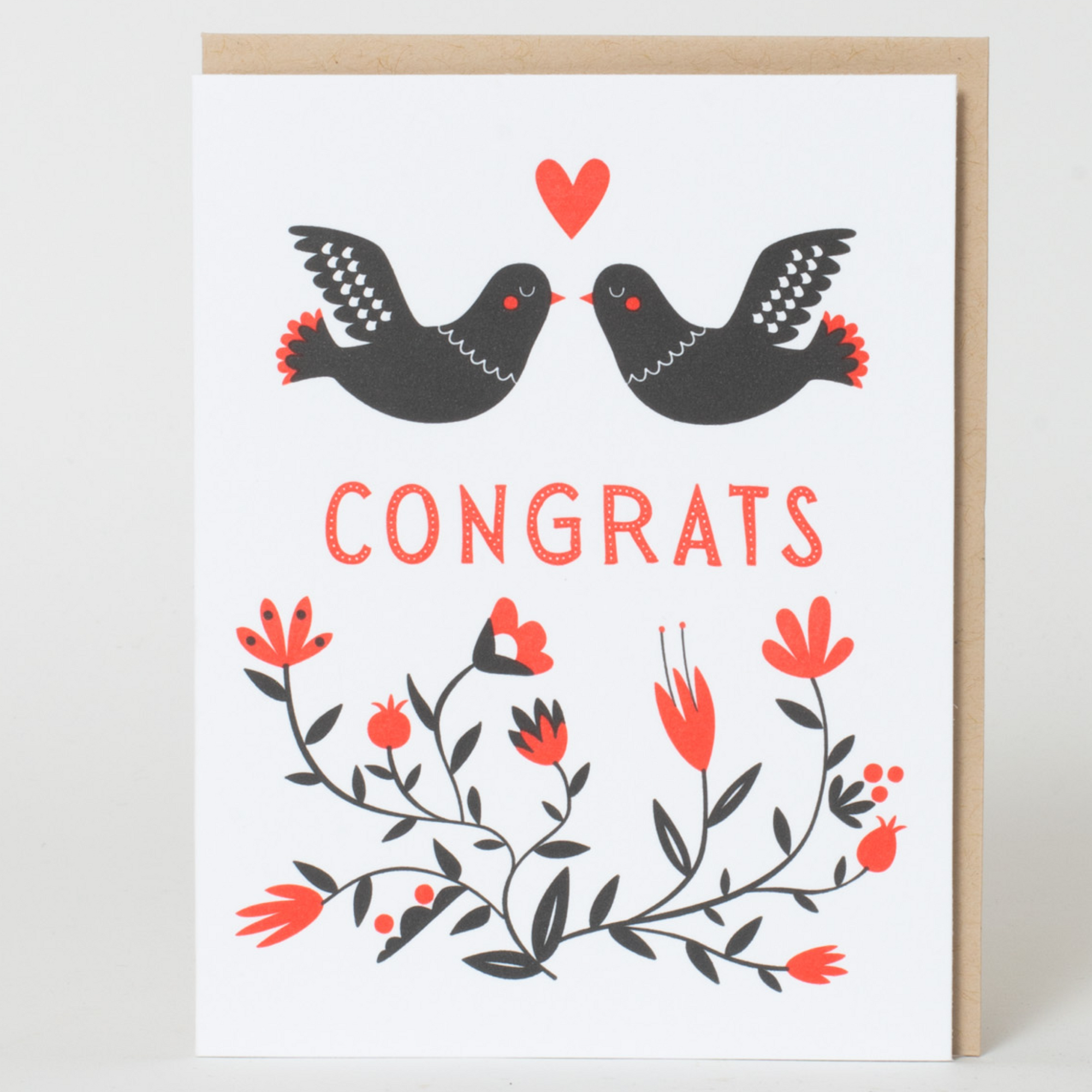 Greeting card with two birds and flowers, featuring the word 'Congrats', on a white background.