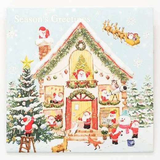 Christmas card with a decorated house, Santa Claus, and Christmas trees on a light blue background.