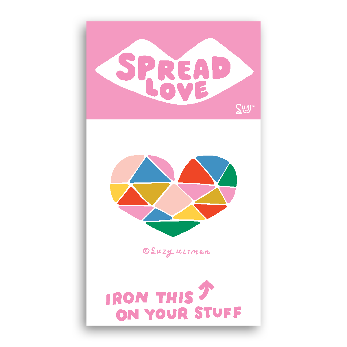 Iron-on label with colorful heart design and 'Spread Love' text on a pink background