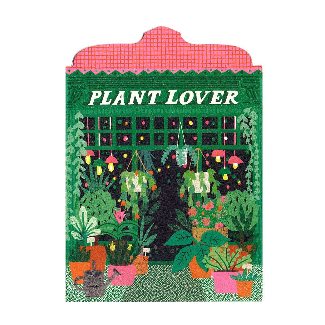Card with 'Plant Lover' text and illustrations of plants on a green background