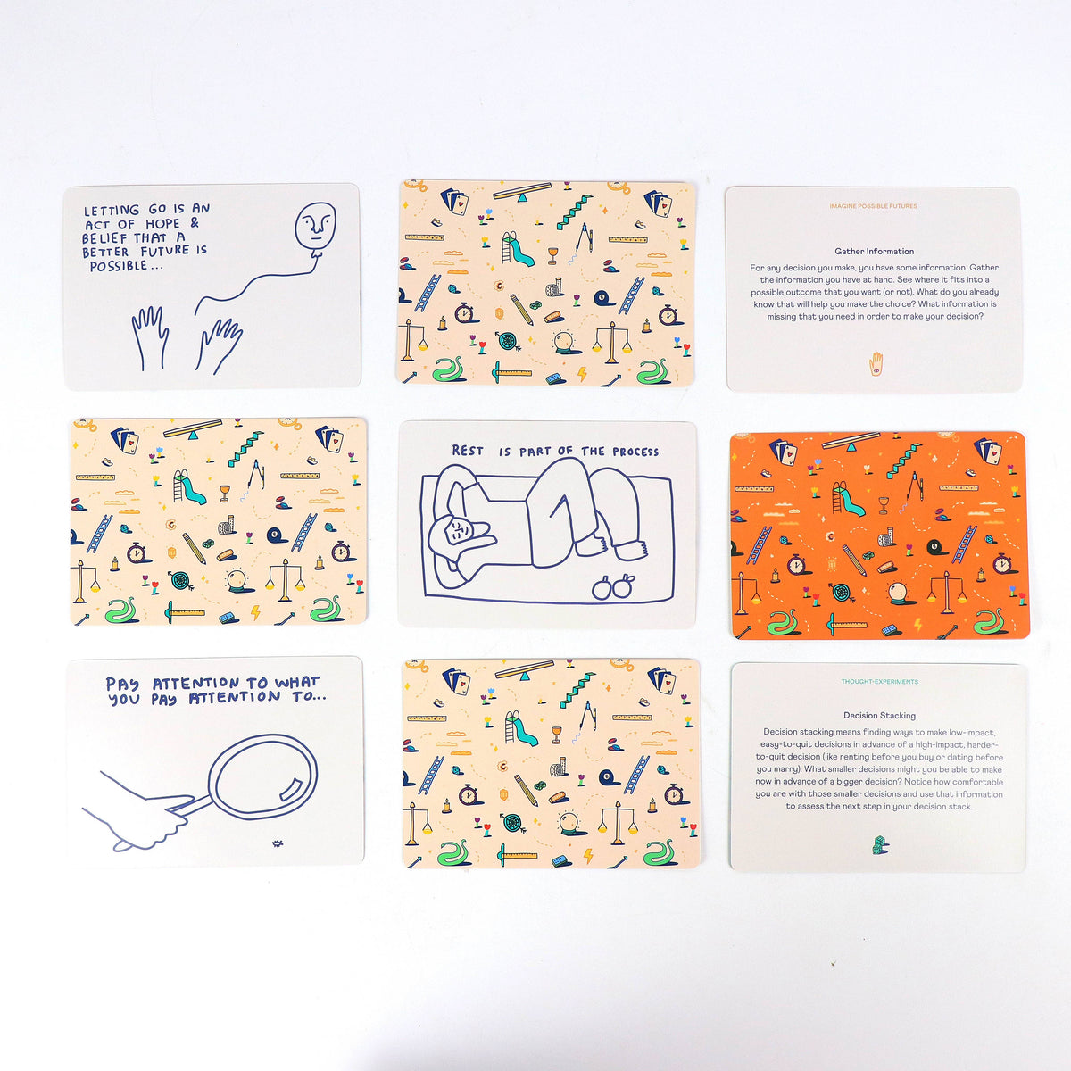 Set of cards with illustrations and text on a white background