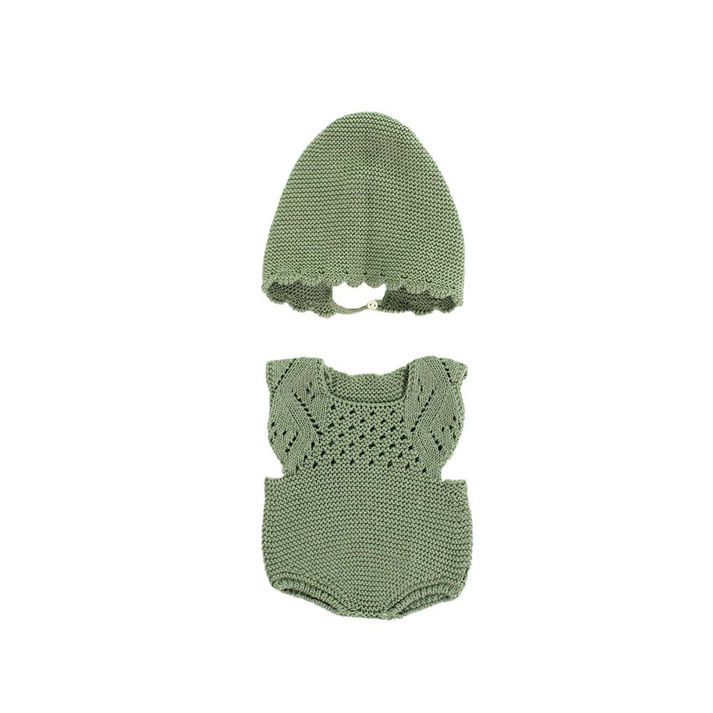 Doll's Green knitted baby romper and hat set on a white background