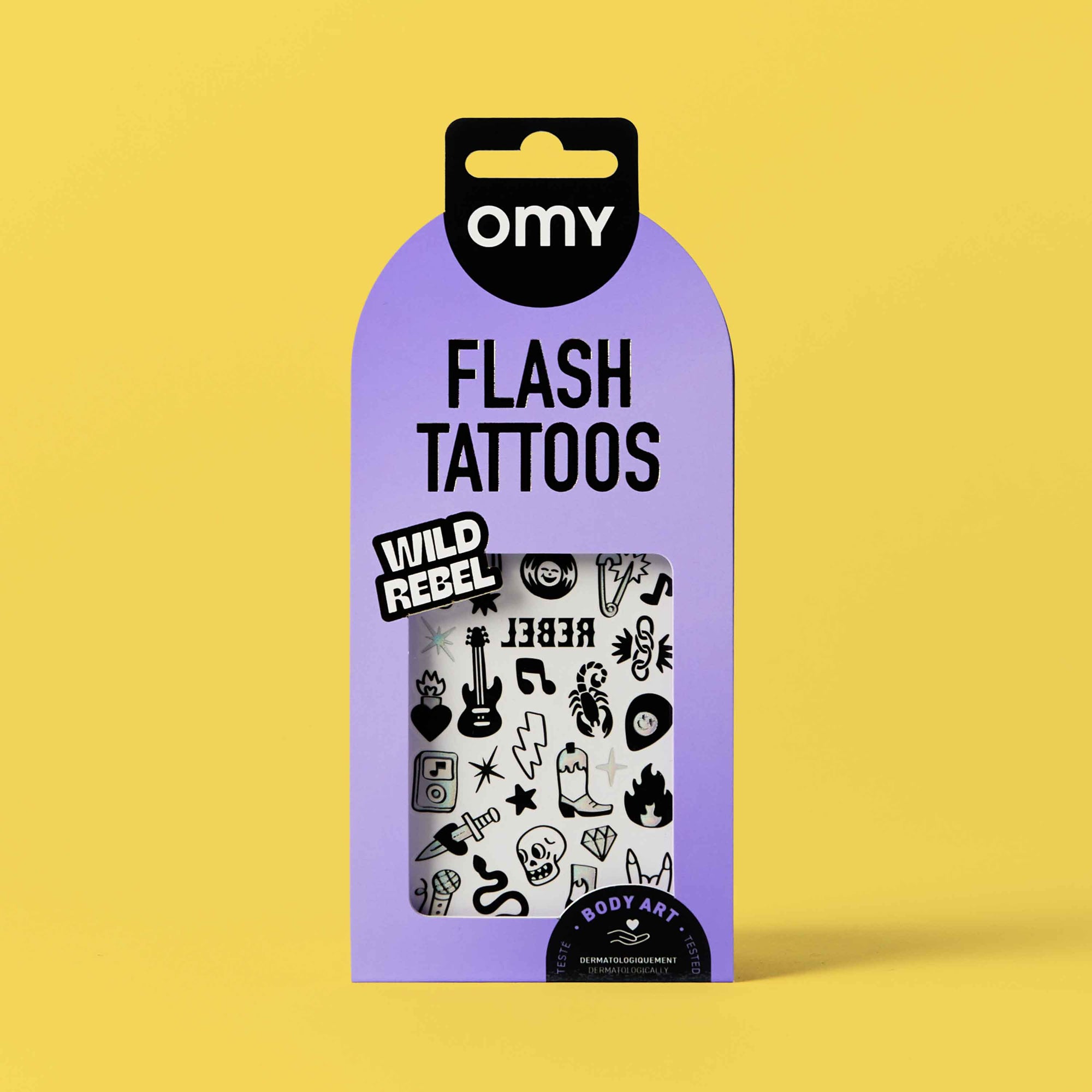 Packaged flash tattoos with 'omny' branding on a yellow background