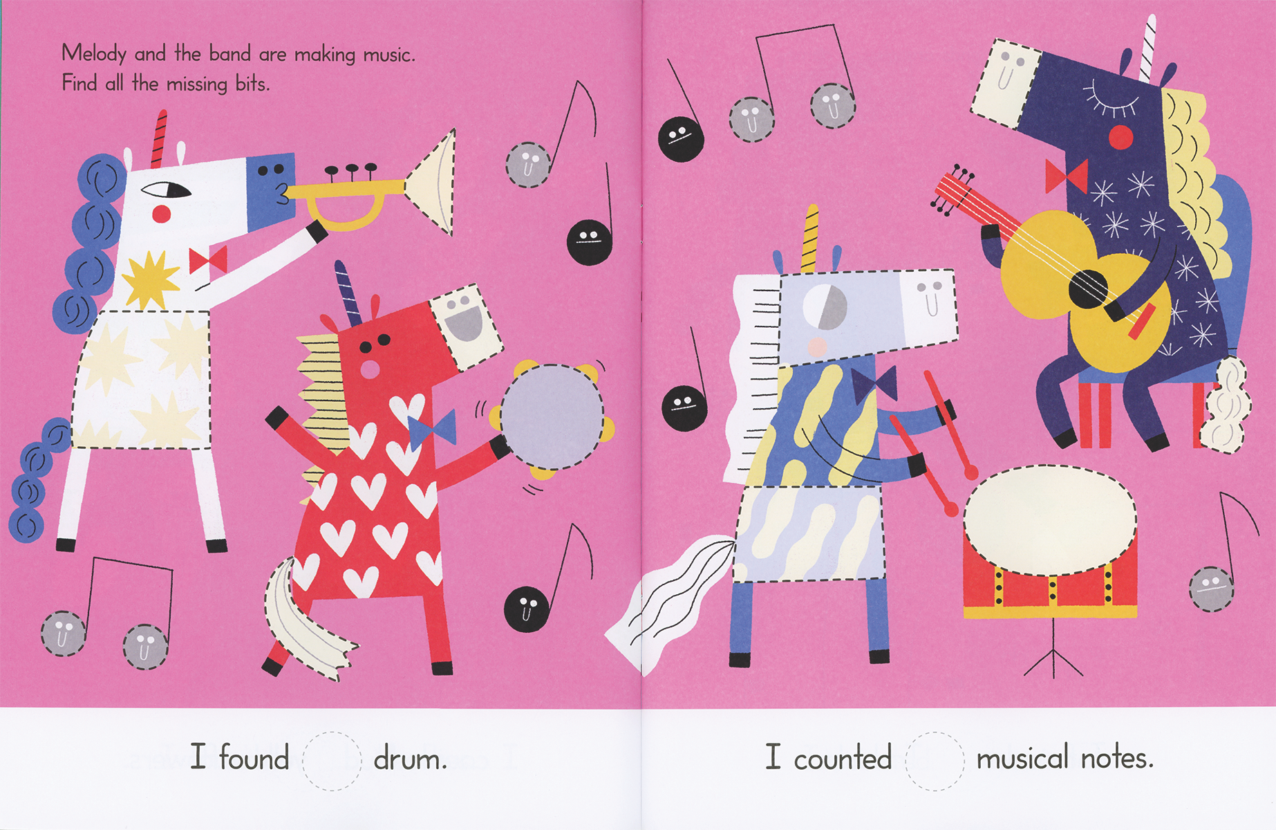 Illustrated book page with colorful animal characters playing music on a pink background