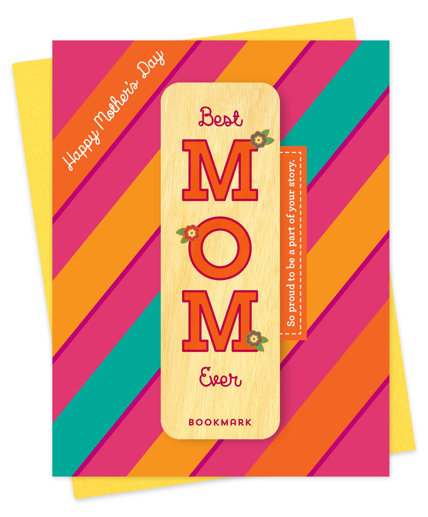 Colorful card with a wooden bookmark featuring 'Best Mom Ever' text on a striped background.