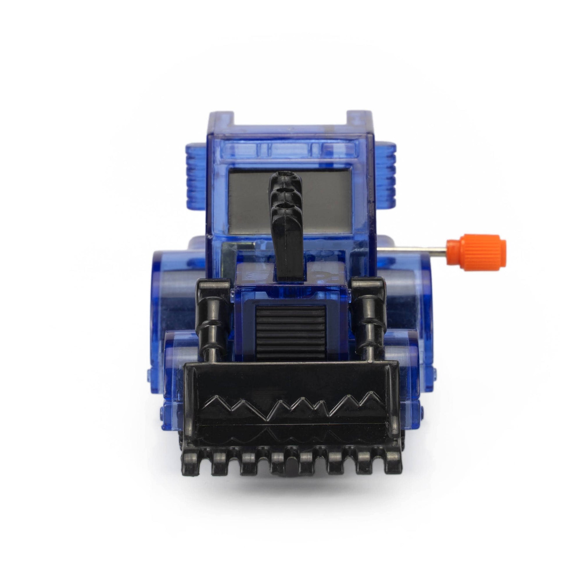 Toy construction vehicle with blue body, black tracks, and orange tip on a white background