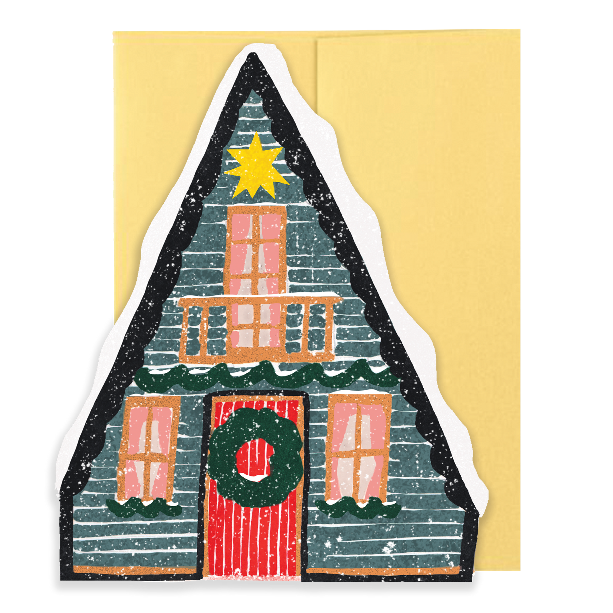 Christmas-themed house card with a yellow envelope