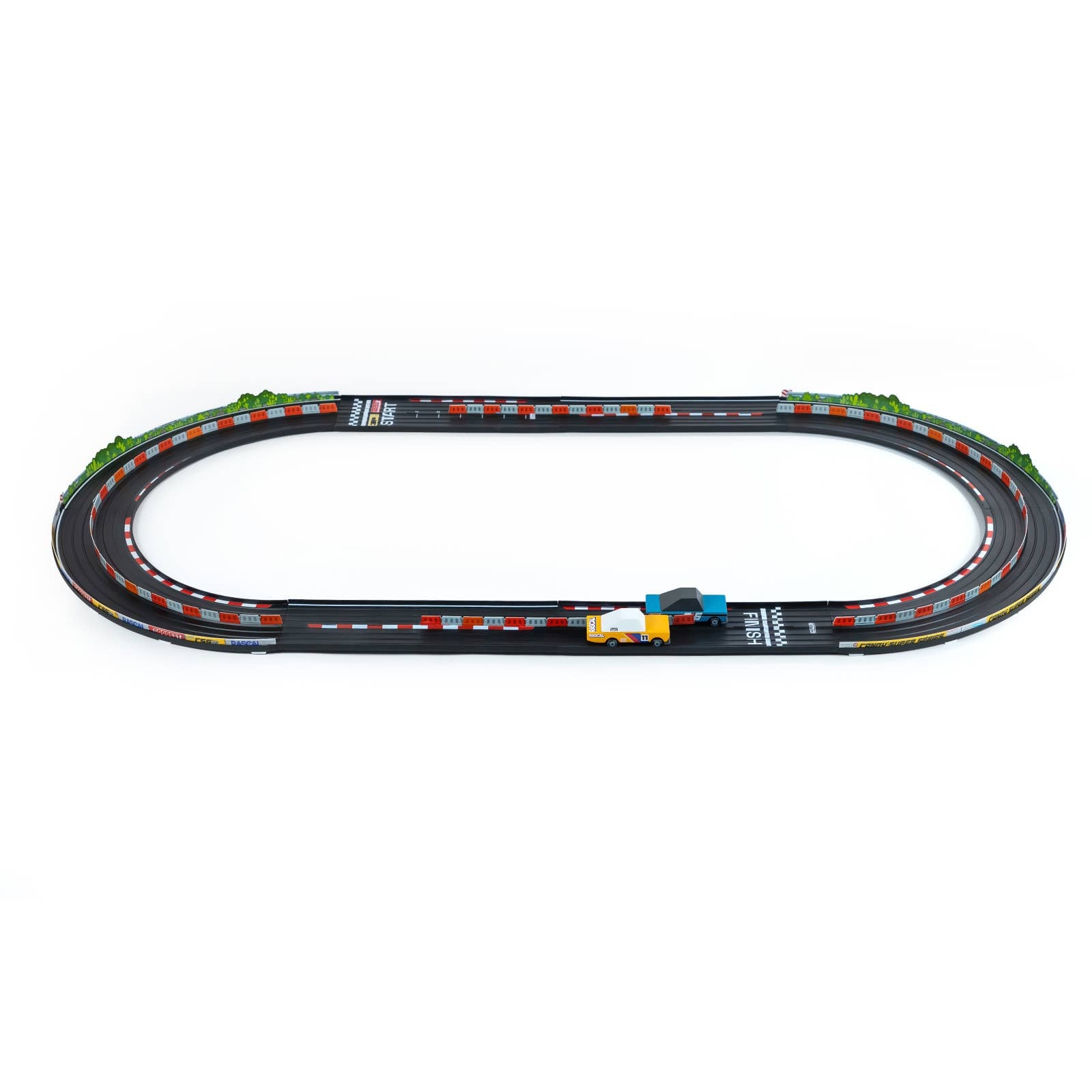 Toy race track set on a white background
