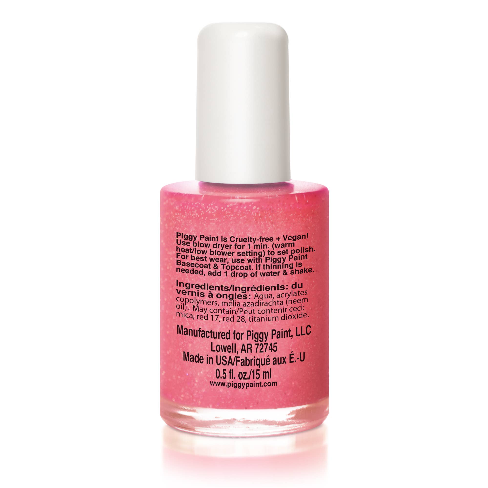 Pink nail polish bottle with white cap on a white background