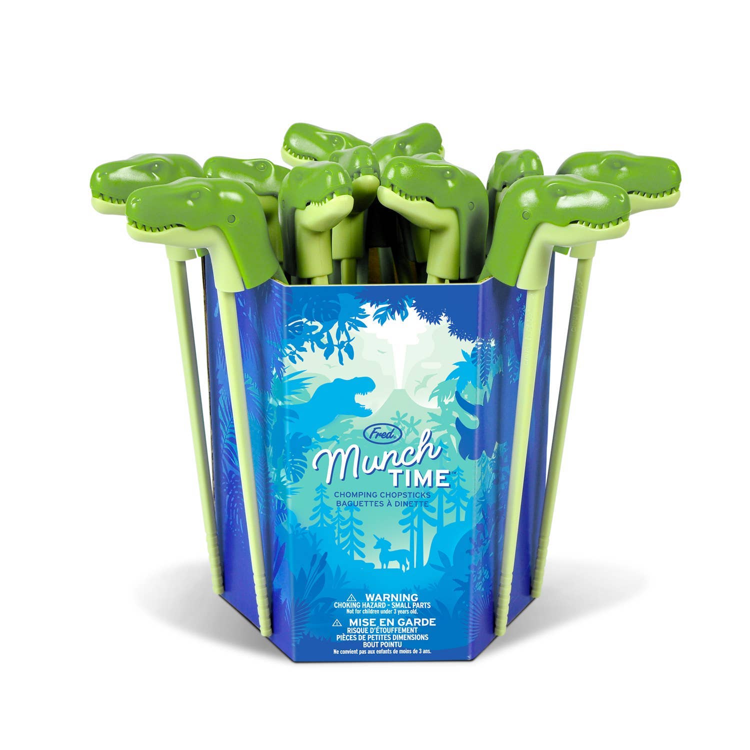Pack of green dinosaur-shaped straws with a blue 'Munch Time' box on a white background