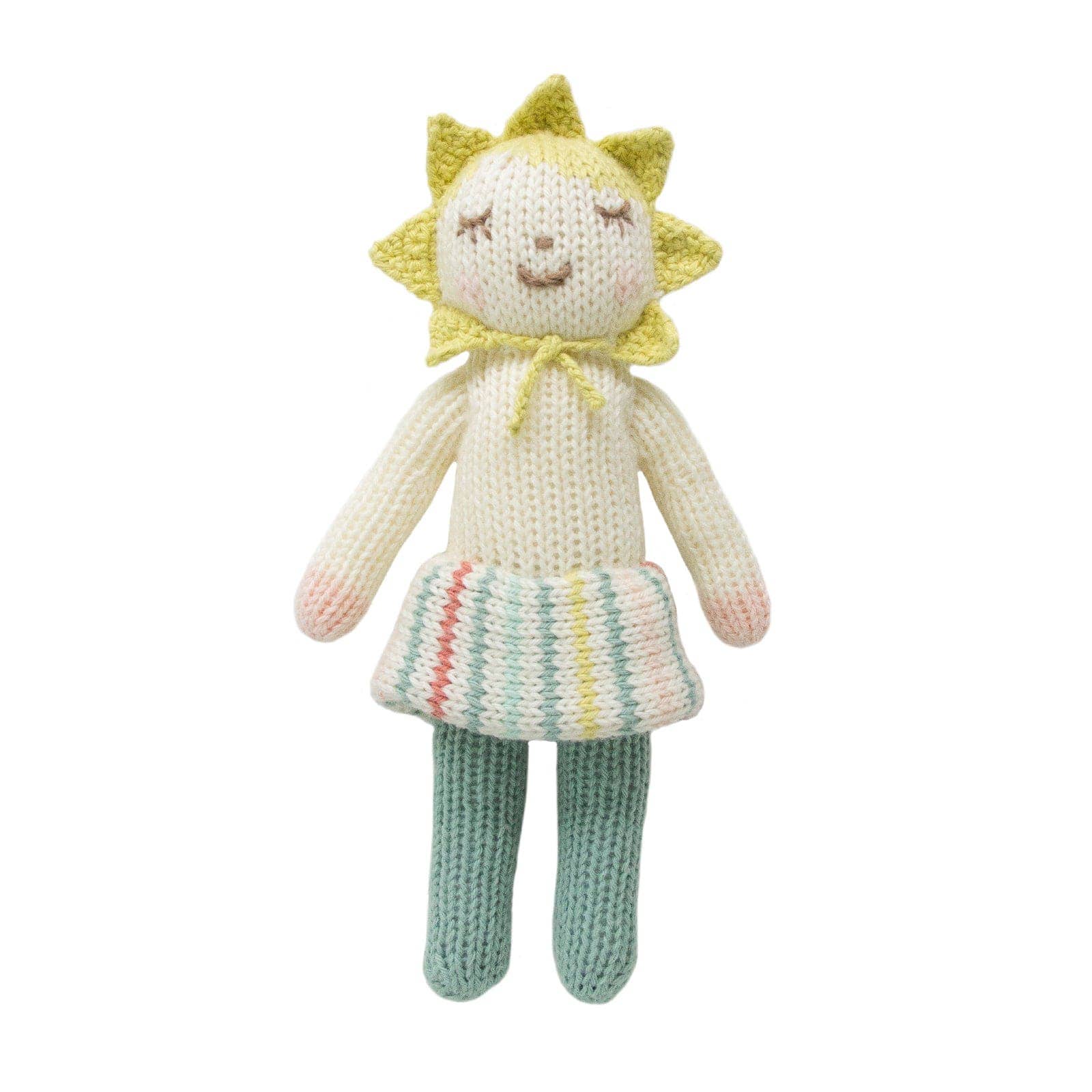 Knitted toy resembling a sun with a face on a white background