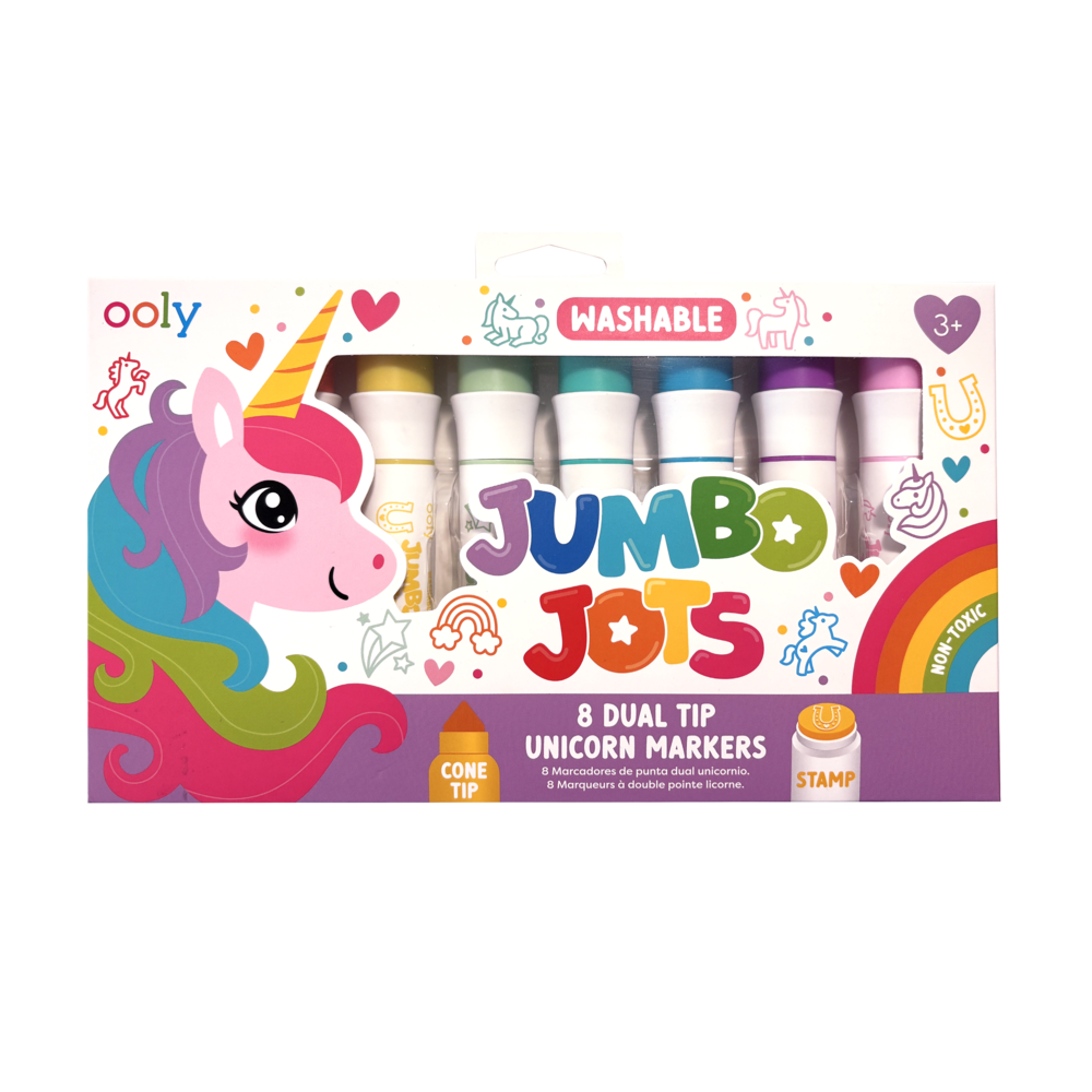 Pack of Ooly Jumbo Jots dual tip unicorn markers with colorful packaging.